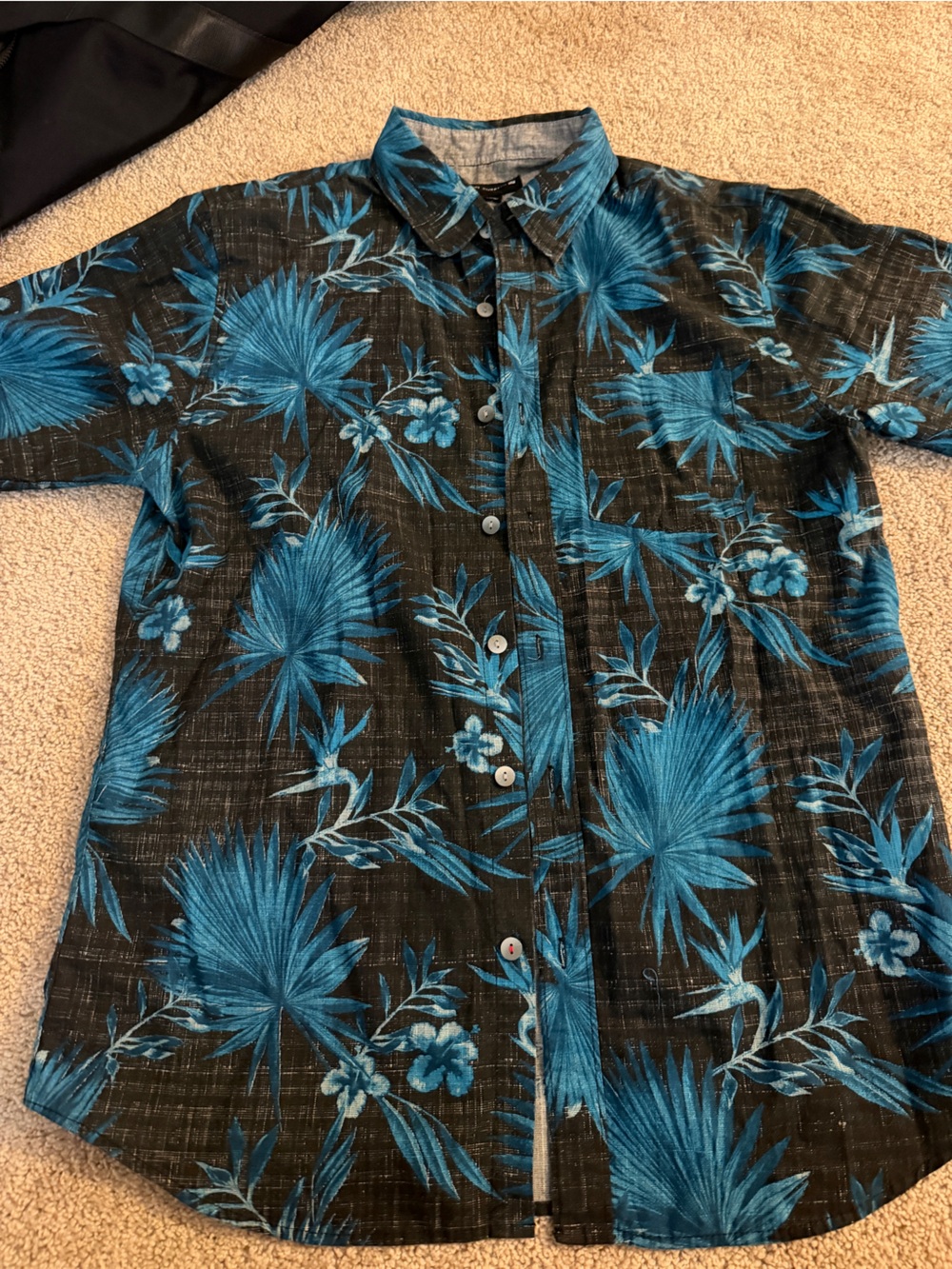 Ocean Current Black Button-Down Shirt with Blue Tropical Print